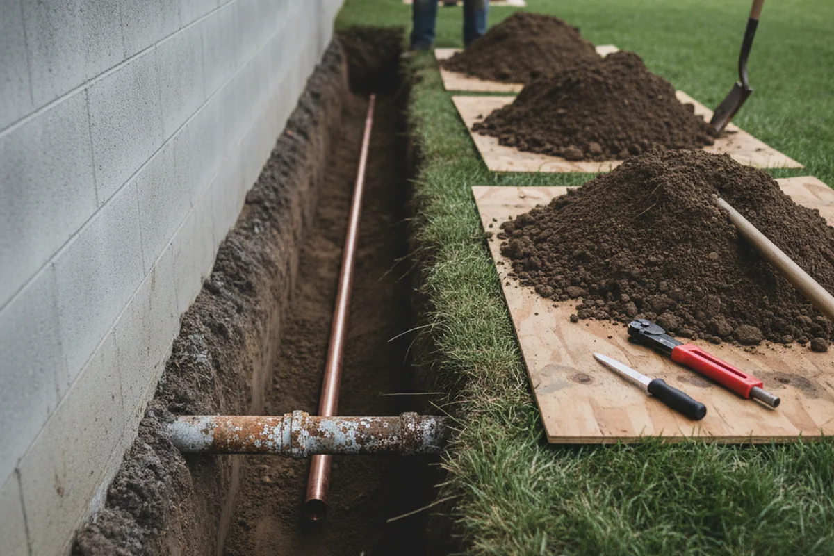 Excavated water line trench during Sewer Line Repair in Magalia